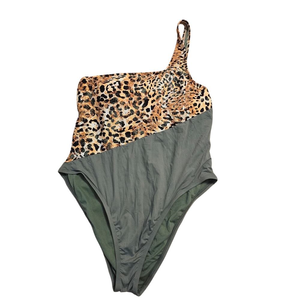 Leopard Print One Shoulder One Piece Swimsuit Olive Green Colorblock Large